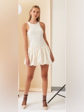 Sleeveless Cream Mini Dress with Bubble Skirt